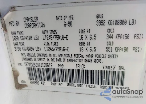 1996 Dodge Ram 2500 from USA, damaged, VIN 1B7KC26Z3TJ199612